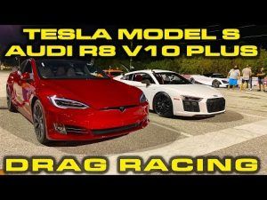 Tesla Model S Performance Raven vs Audi R8 V10 Plus Drag Racing 1/4 Mile